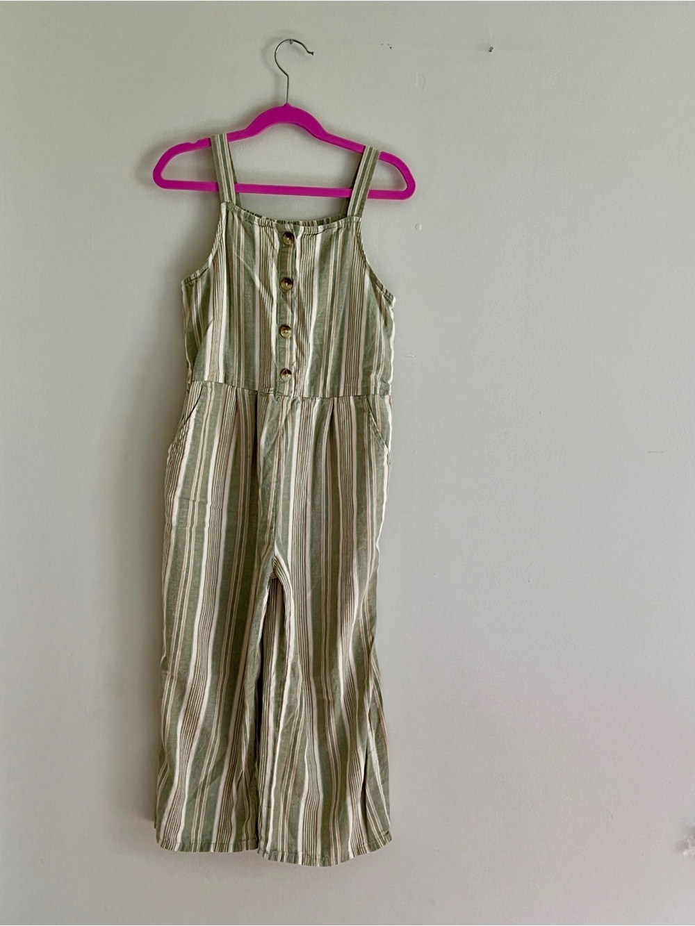 Osh Kosh Girls Striped Linen-blend Jumpsuit in Green and Cream